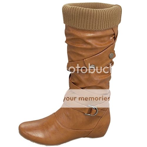 Top Moda Tan Brown Fashion Faux Leather Strap Buckle Mid Calf Boots US