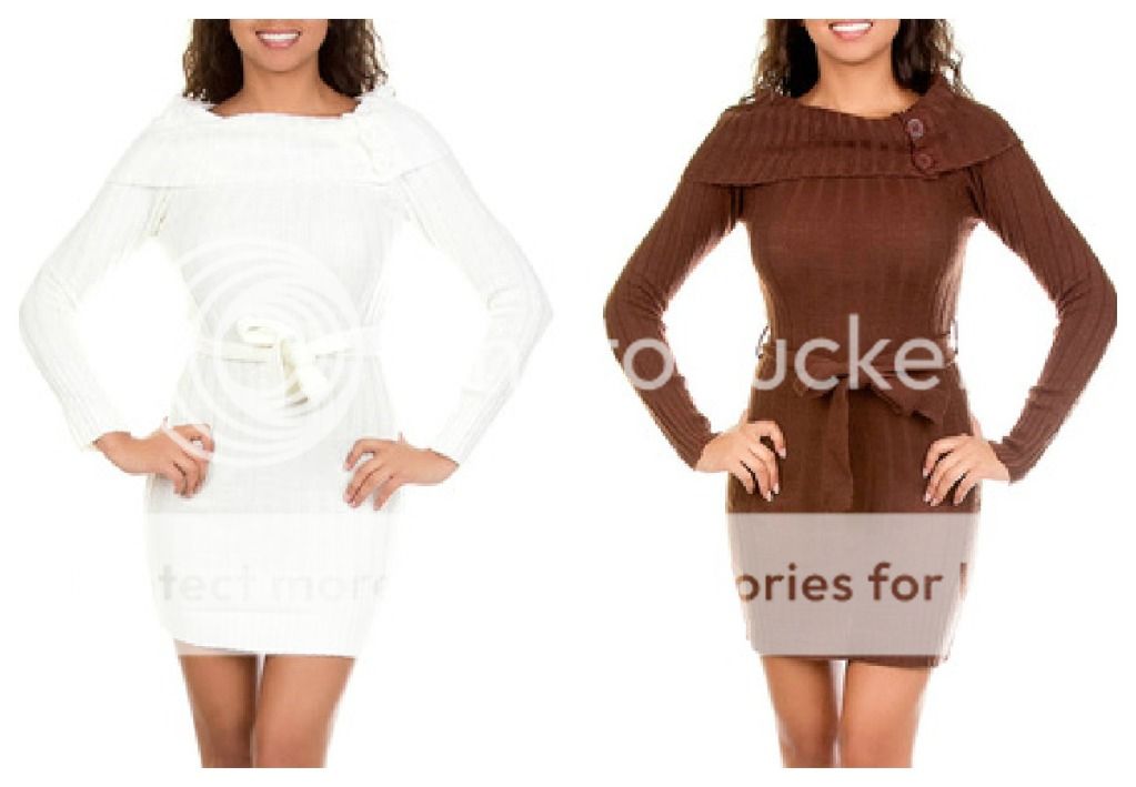 Womens White Brown Fashion Off Shoulder Belted Knit Tunic Sweater